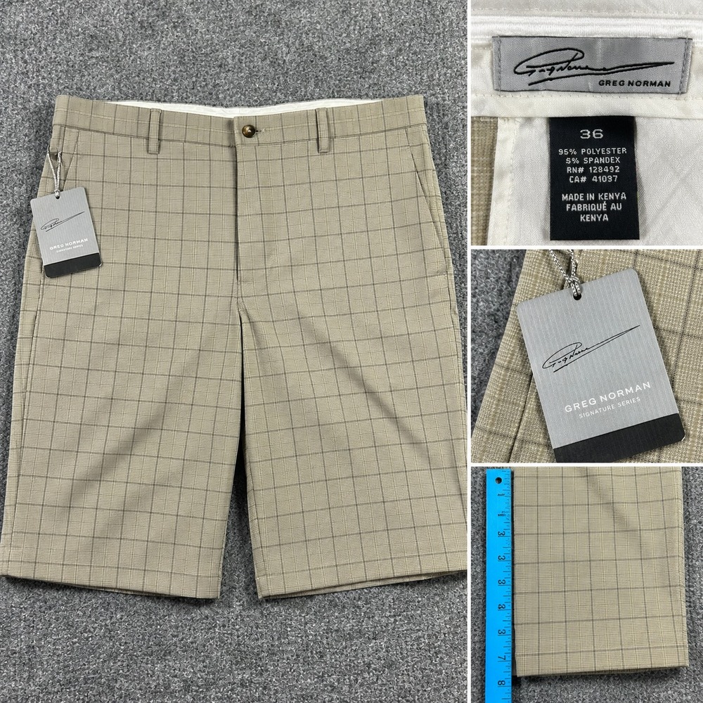 NWT Greg Norman Men's 36 Golf Shorts Signature Series Beige Tan Plaid Stretch